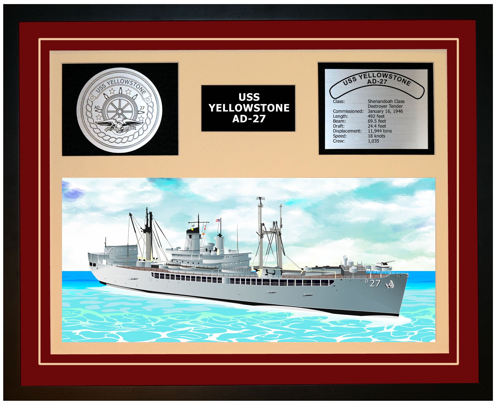 USS YELLOWSTONE AD-27 Framed Navy Ship Display Burgundy