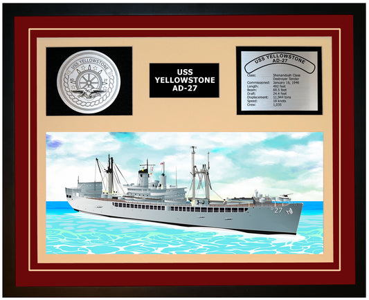 USS YELLOWSTONE AD-27 Framed Navy Ship Display Burgundy