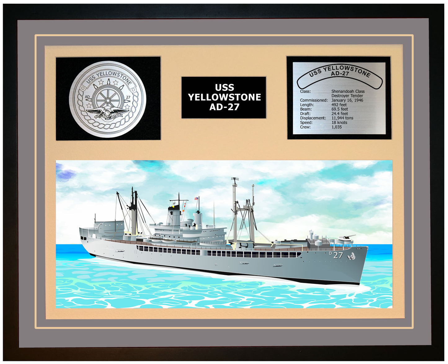 USS YELLOWSTONE AD-27 Framed Navy Ship Display Grey