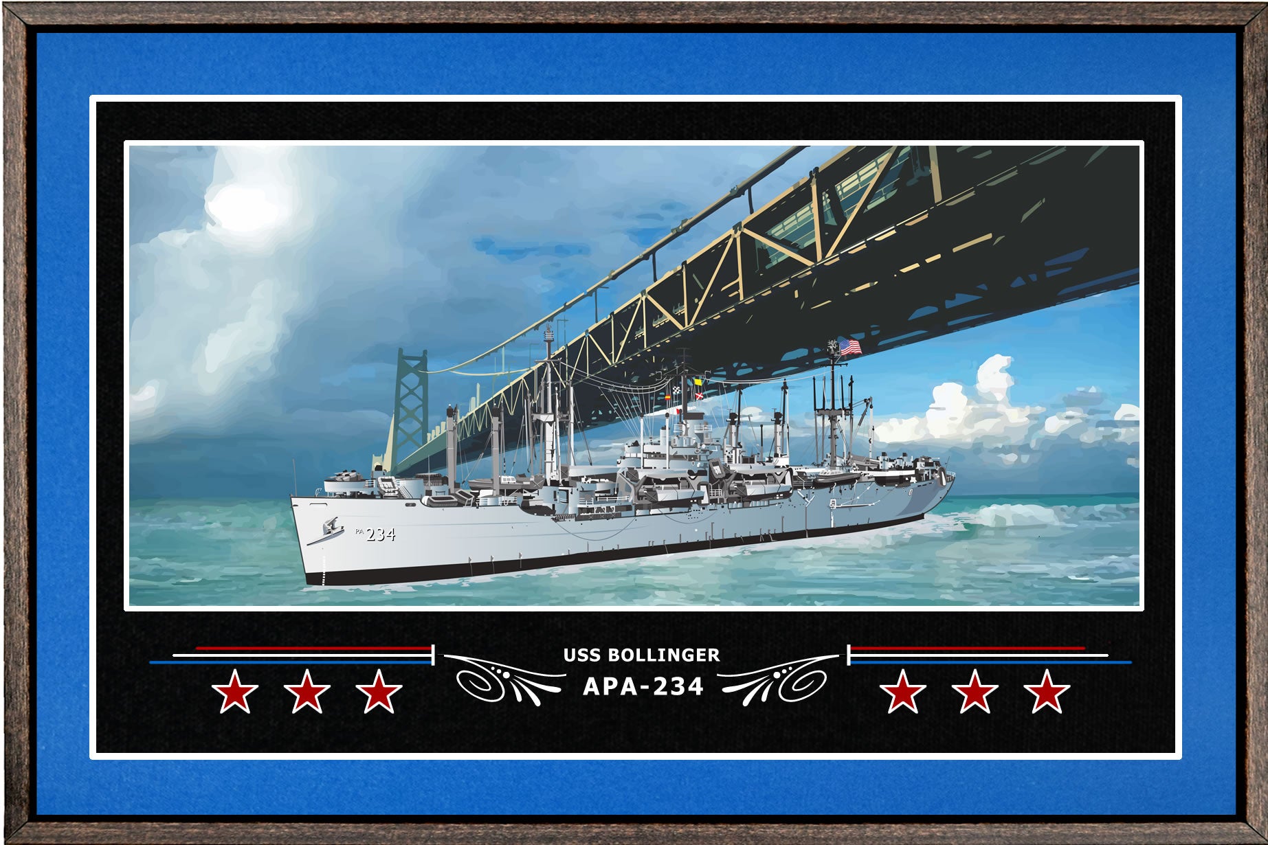 USS BOLLINGER APA 234 BOX FRAMED CANVAS ART BLUE