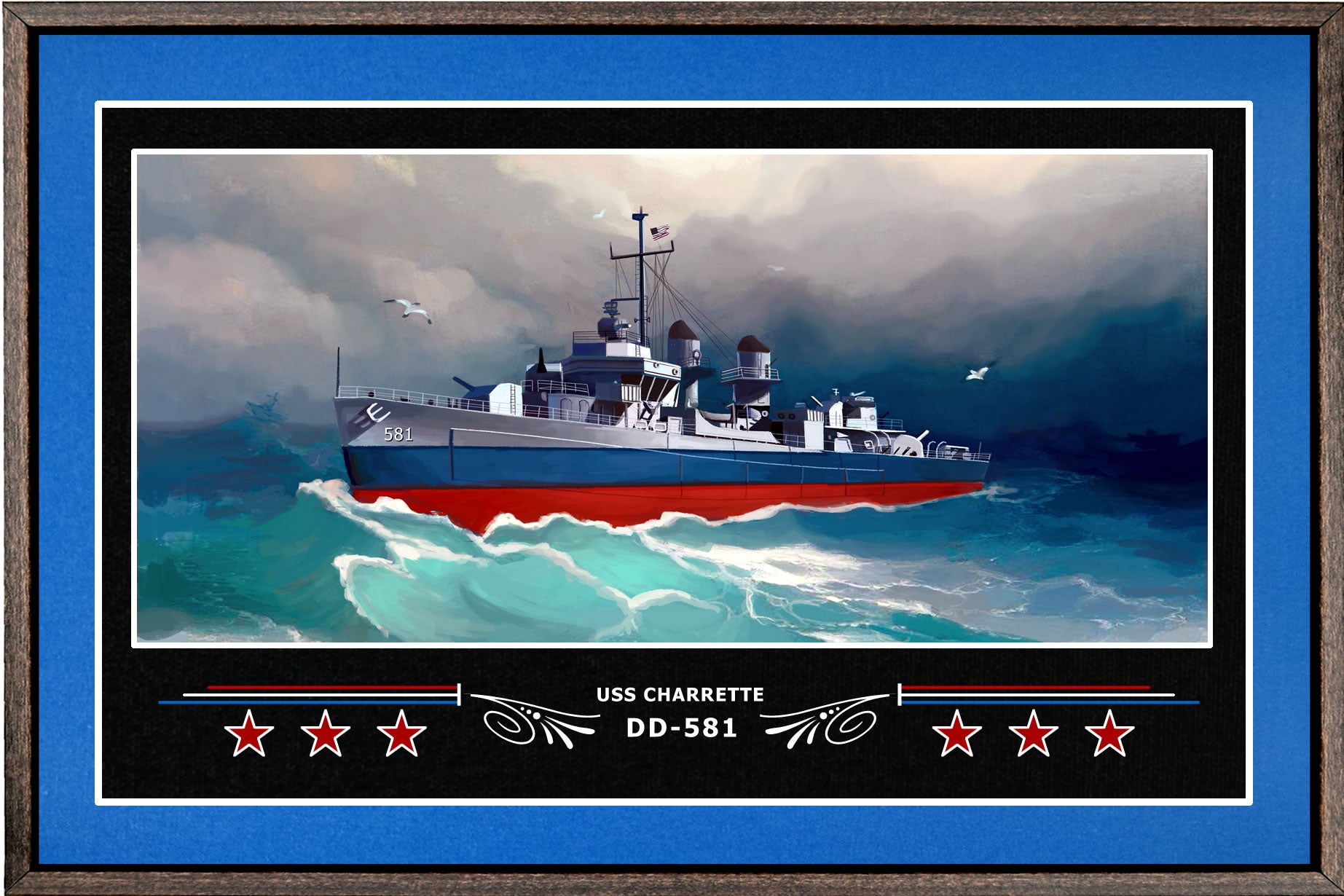 USS CHARRETTE DD 581 BOX FRAMED CANVAS ART BLUE