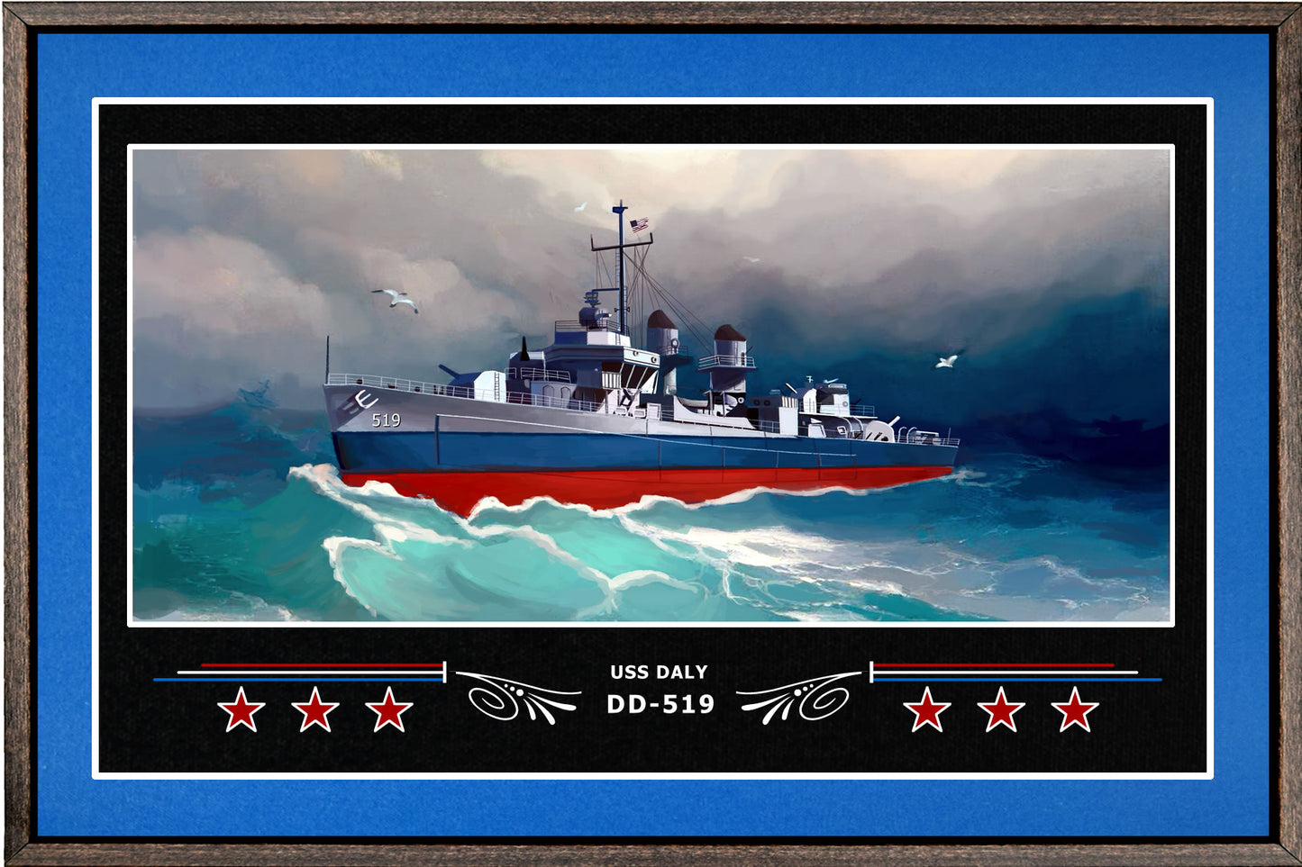 USS DALY DD 519 BOX FRAMED CANVAS ART BLUE