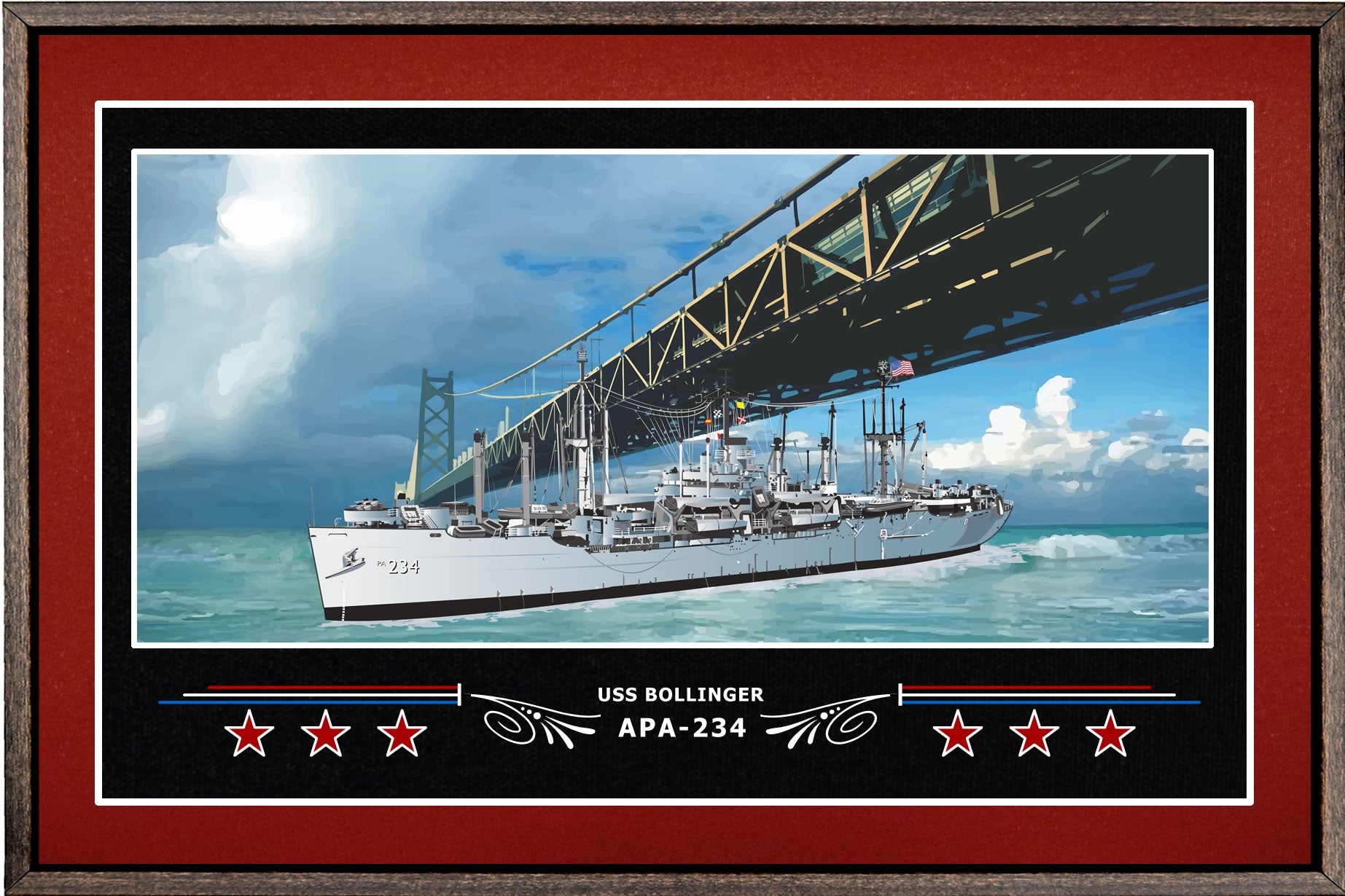 USS BOLLINGER APA 234 BOX FRAMED CANVAS ART BURGUNDY