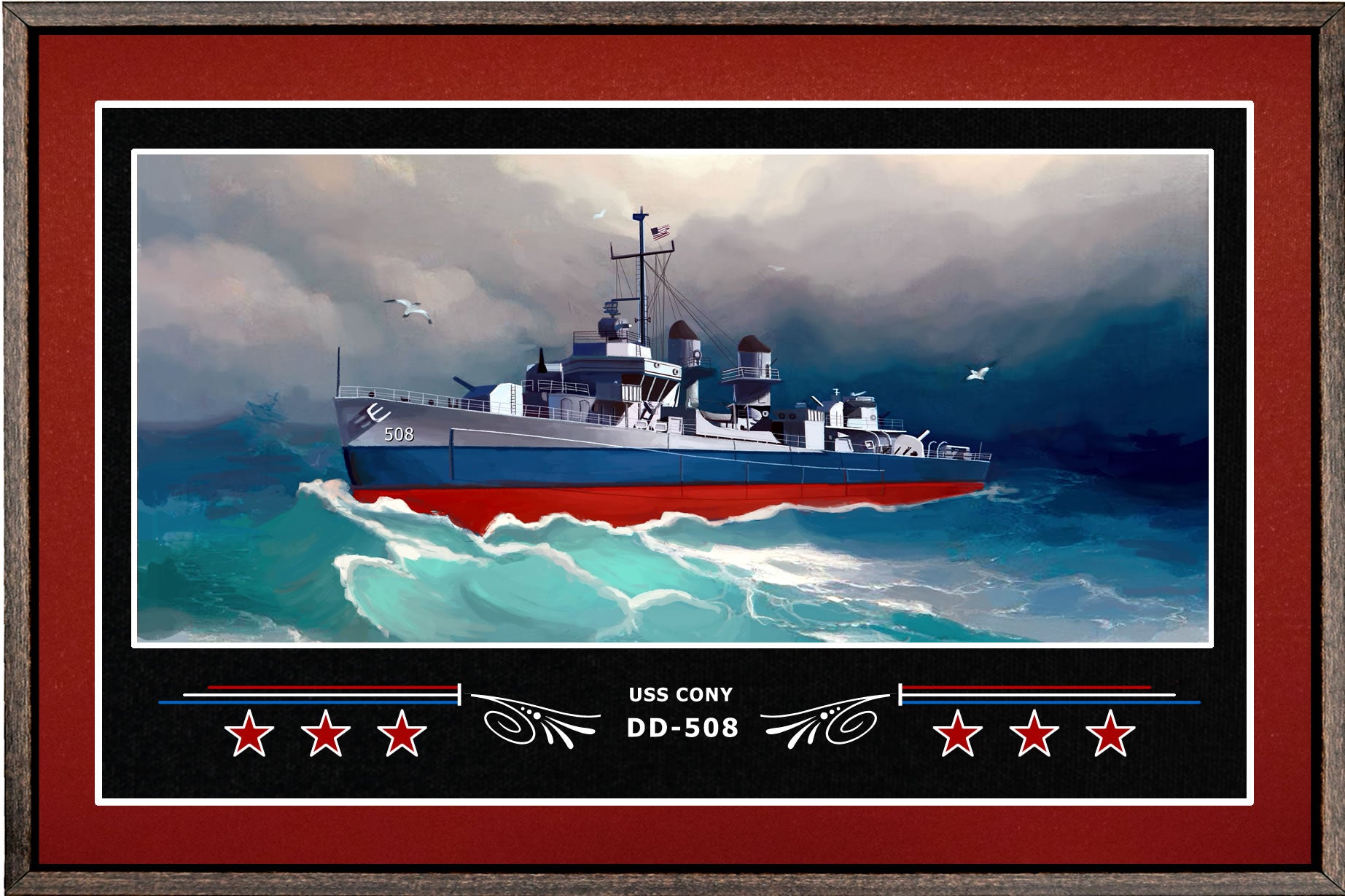 USS CONY DD 508 BOX FRAMED CANVAS ART BURGUNDY